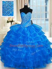 Admirable Blue Ball Gowns Beading and Ruffled Layers Quinceanera Gown Lace Up Organza Sleeveless Floor Length