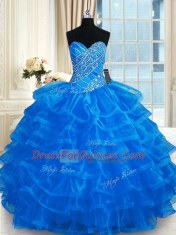 Admirable Blue Ball Gowns Beading and Ruffled Layers Quinceanera Gown Lace Up Organza Sleeveless Floor Length