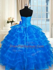 Admirable Blue Ball Gowns Beading and Ruffled Layers Quinceanera Gown Lace Up Organza Sleeveless Floor Length