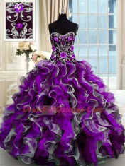 Sweetheart Sleeveless 15 Quinceanera Dress Floor Length Beading and Appliques Multi-color Organza
