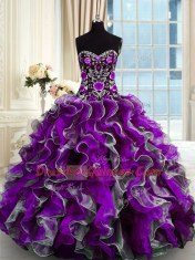 Sweetheart Sleeveless 15 Quinceanera Dress Floor Length Beading and Appliques Multi-color Organza