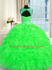 Sleeveless Lace Up Floor Length Beading and Embroidery and Ruffles 15th Birthday Dress