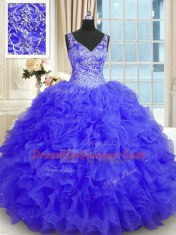 Sleeveless Floor Length Beading and Ruffles Zipper Quinceanera Gown with Purple