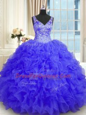 Sleeveless Floor Length Beading and Ruffles Zipper Quinceanera Gown with Purple