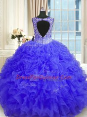 Sleeveless Floor Length Beading and Ruffles Zipper Quinceanera Gown with Purple