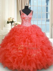 Free and Easy Coral Red Quinceanera Gown Military Ball and Sweet 16 and Quinceanera and For with Beading and Ruffles V-neck Sleeveless Zipper
