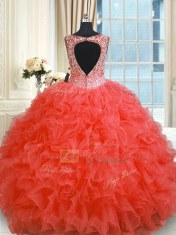 Free and Easy Coral Red Quinceanera Gown Military Ball and Sweet 16 and Quinceanera and For with Beading and Ruffles V-neck Sleeveless Zipper