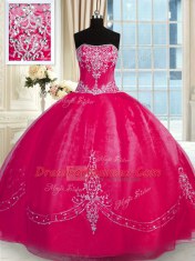 Floor Length Coral Red 15th Birthday Dress Strapless Sleeveless Lace Up