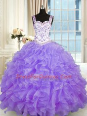 Sweetheart Sleeveless Sweet 16 Dresses Floor Length Beading and Appliques and Ruffles Lavender Organza