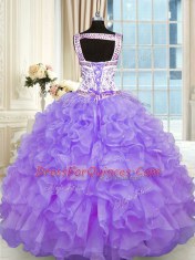 Sweetheart Sleeveless Sweet 16 Dresses Floor Length Beading and Appliques and Ruffles Lavender Organza