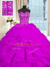 With Train Purple Ball Gown Prom Dress Organza Brush Train Sleeveless Beading and Ruffles