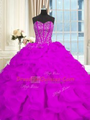 With Train Purple Ball Gown Prom Dress Organza Brush Train Sleeveless Beading and Ruffles