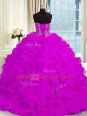 With Train Purple Ball Gown Prom Dress Organza Brush Train Sleeveless Beading and Ruffles