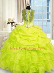 Extravagant Straps Sleeveless Zipper Sweet 16 Dresses Yellow Green Organza