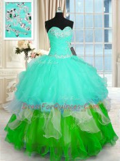 Sweetheart Sleeveless 15th Birthday Dress Floor Length Beading and Ruffled Layers Multi-color Organza