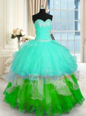 Sweetheart Sleeveless 15th Birthday Dress Floor Length Beading and Ruffled Layers Multi-color Organza