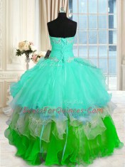 Sweetheart Sleeveless 15th Birthday Dress Floor Length Beading and Ruffled Layers Multi-color Organza