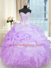 Floor Length Lavender Sweet 16 Dresses Organza Sleeveless Beading and Ruffles