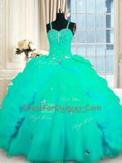 Beautiful Spaghetti Straps Sleeveless Sweep Train Lace Up Sweet 16 Dress Turquoise Organza