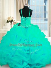 Beautiful Spaghetti Straps Sleeveless Sweep Train Lace Up Sweet 16 Dress Turquoise Organza