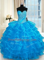 On Sale Sweetheart Sleeveless Sweet 16 Dresses Floor Length Beading and Ruffled Layers Blue Organza