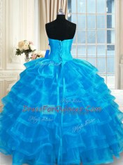 On Sale Sweetheart Sleeveless Sweet 16 Dresses Floor Length Beading and Ruffled Layers Blue Organza