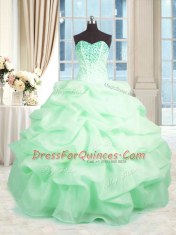 Elegant Apple Green Organza Lace Up Sweetheart Sleeveless Floor Length Quinceanera Gowns Beading and Ruffles