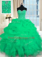 Deluxe Turquoise Organza Lace Up Sweet 16 Dress Sleeveless Floor Length Beading and Ruffles