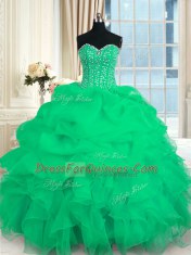 Deluxe Turquoise Organza Lace Up Sweet 16 Dress Sleeveless Floor Length Beading and Ruffles