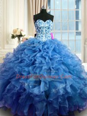 Sleeveless Floor Length Beading and Ruffles Lace Up Sweet 16 Quinceanera Dress with Blue