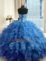 Sleeveless Floor Length Beading and Ruffles Lace Up Sweet 16 Quinceanera Dress with Blue