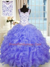 Gorgeous Purple Ball Gowns Beading and Appliques and Ruffles Ball Gown Prom Dress Lace Up Organza Sleeveless Floor Length