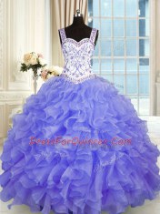 Gorgeous Purple Ball Gowns Beading and Appliques and Ruffles Ball Gown Prom Dress Lace Up Organza Sleeveless Floor Length