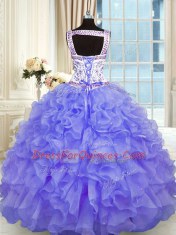 Gorgeous Purple Ball Gowns Beading and Appliques and Ruffles Ball Gown Prom Dress Lace Up Organza Sleeveless Floor Length
