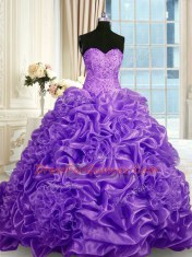 Sweetheart Sleeveless Organza 15 Quinceanera Dress Beading and Pick Ups Sweep Train Lace Up