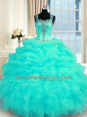 Stylish Sleeveless Floor Length Beading and Ruffles Zipper Sweet 16 Quinceanera Dress with Turquoise
