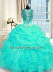 Stylish Sleeveless Floor Length Beading and Ruffles Zipper Sweet 16 Quinceanera Dress with Turquoise