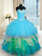 High End Sweetheart Sleeveless Quinceanera Gown Floor Length Beading and Ruffled Layers Multi-color Organza
