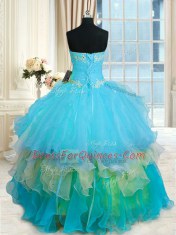 High End Sweetheart Sleeveless Quinceanera Gown Floor Length Beading and Ruffled Layers Multi-color Organza