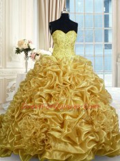 Adorable Sleeveless Organza With Train Sweep Train Lace Up Quinceanera Gowns in Gold with Beading and Pick Ups