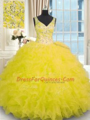 V-neck Sleeveless Zipper Sweet 16 Dresses Yellow Organza