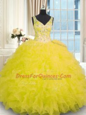 V-neck Sleeveless Zipper Sweet 16 Dresses Yellow Organza