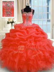 Suitable Sleeveless Organza Floor Length Zipper Ball Gown Prom Dress in Red with Beading and Ruffles