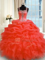 Suitable Sleeveless Organza Floor Length Zipper Ball Gown Prom Dress in Red with Beading and Ruffles