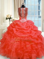 Suitable Sleeveless Organza Floor Length Zipper Ball Gown Prom Dress in Red with Beading and Ruffles