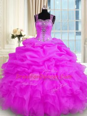 Smart Straps Sleeveless Zipper Quince Ball Gowns Fuchsia Organza