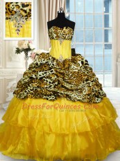 Gorgeous Ruffled Sweep Train Ball Gowns Quinceanera Gown Gold Sweetheart Organza and Printed Sleeveless Lace Up