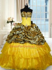 Gorgeous Ruffled Sweep Train Ball Gowns Quinceanera Gown Gold Sweetheart Organza and Printed Sleeveless Lace Up