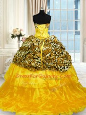 Gorgeous Ruffled Sweep Train Ball Gowns Quinceanera Gown Gold Sweetheart Organza and Printed Sleeveless Lace Up