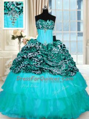 Printed Lace Up Quinceanera Gown Aqua Blue for Military Ball and Sweet 16 and Quinceanera with Beading and Ruffled Layers Sweep Train